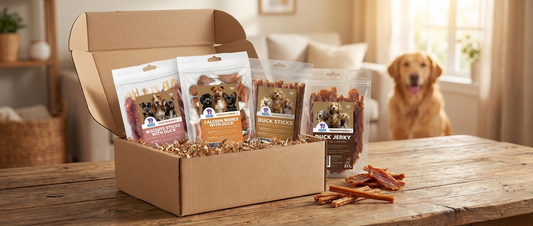 Build your own dog treat box from Premium Feeders Canada filled with duck jerky, duck sticks, calcium bones and biscuit treats, with a golden retriever waiting nearby