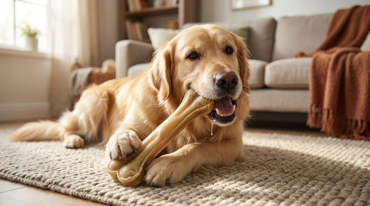 Golden retriever chewing a Premium Feeders pressed rawhide bone