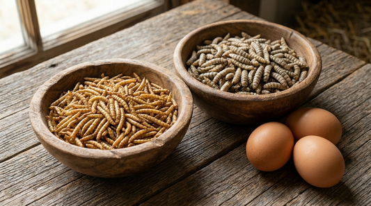 Dried mealworms and light-brown dried black soldier fly larvae in bowls beside fresh eggs