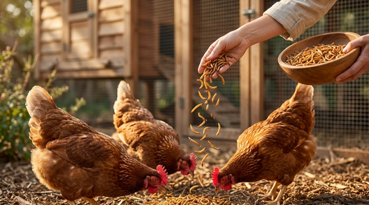 Hand-feeding dried mealworms to backyard hens in a sunlit chicken run