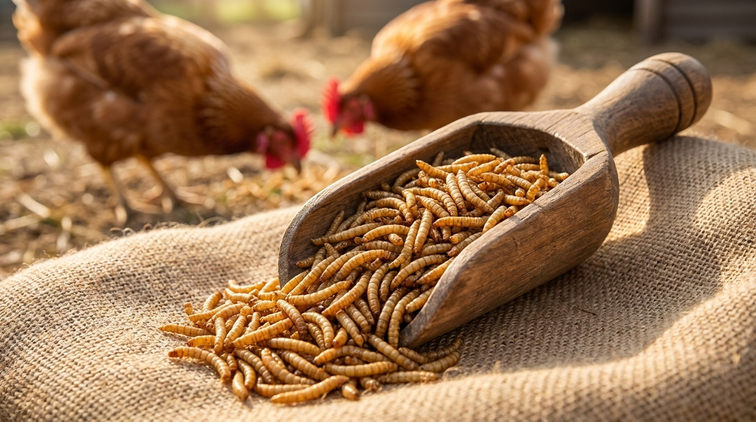 Wooden scoop of golden dried mealworms on a burlap sack with hens in the background