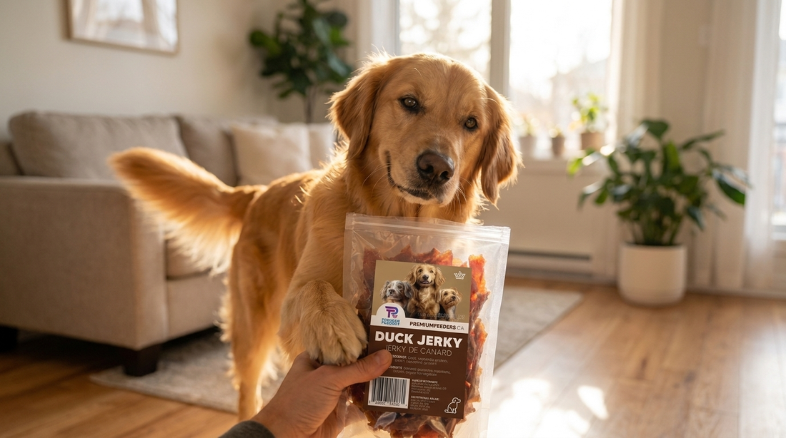Golden retriever with a bag of Premium Feeders duck jerky for dogs