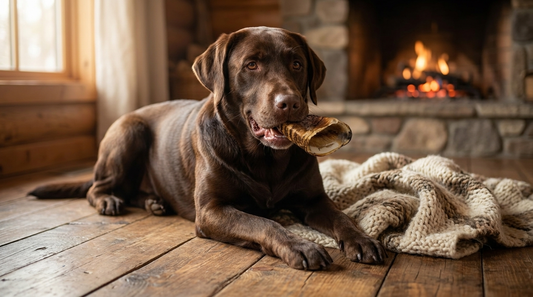 Chocolate Labrador chewing a smoked cow hoof dog chew on a wooden floor at home