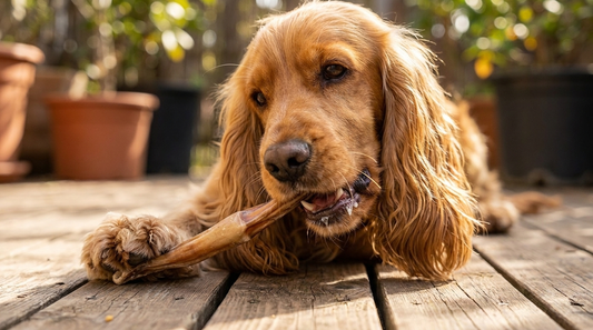 Cocker Spaniel chewing a Canadian veal bully stick for dogs on a wooden patio