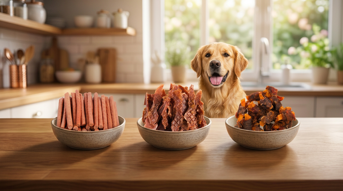 Golden retriever waiting behind three bowls of Premium Feeders duck treats on a kitchen counter: soft duck sticks, duck jerky strips, and sweet potato and duck pieces