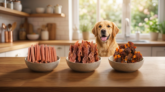 Golden retriever waiting behind three bowls of Premium Feeders duck treats on a kitchen counter: soft duck sticks, duck jerky strips, and sweet potato and duck pieces