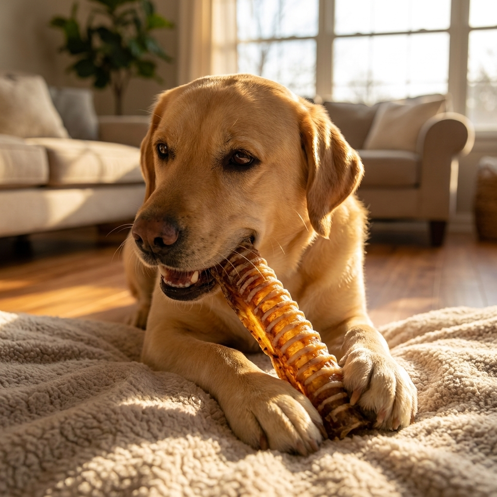 Labrador chewing on a beef trachea 