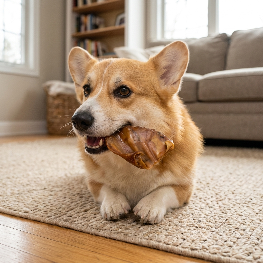 Dog holding a pig ear in his mouth