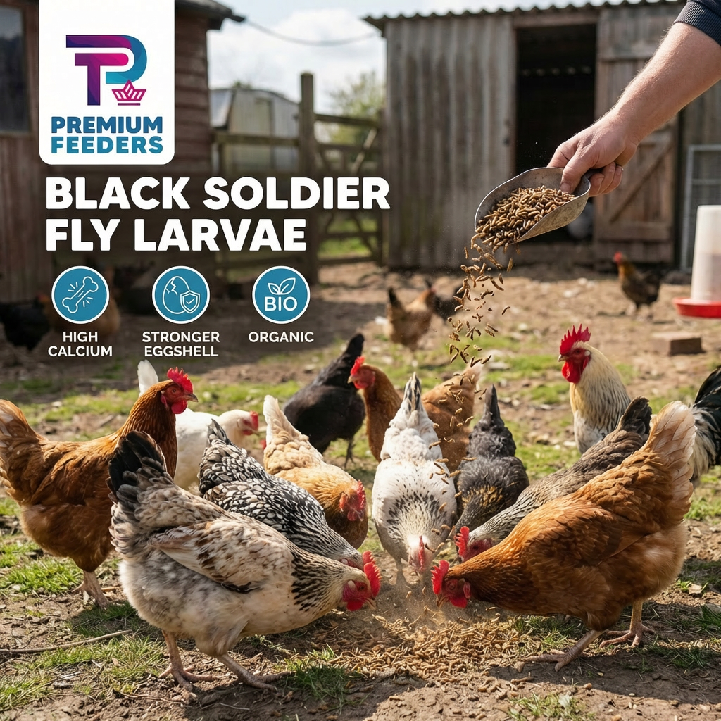 Hens being fed black soldier fly larvae with Premium Feeders branding.