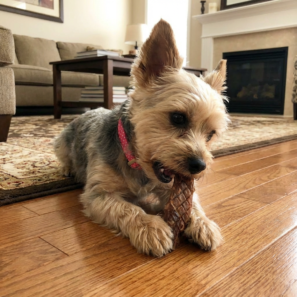 Dog eating a Premium Feeders duck jerky treat