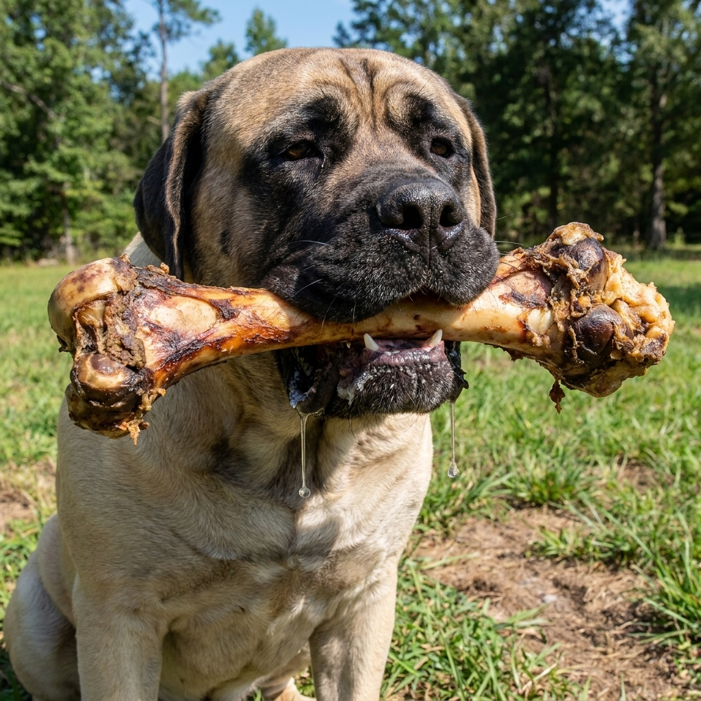 Dog holding a large beef femur bone in its mouth outdoors with trees in the background