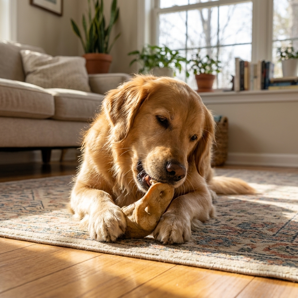 Golden retriever lying on a rug indoors with a pig snout in its mouth