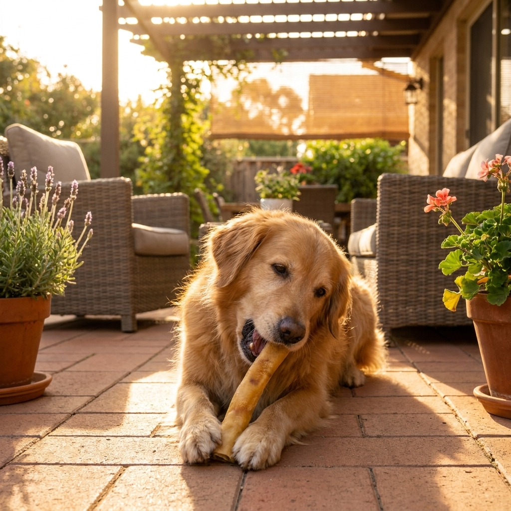 Dog chewing on a pork roll bone on a patio with chairs and plants in the background