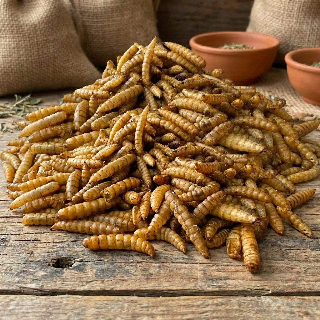 Pile of dried black soldier fly larvae for chicken