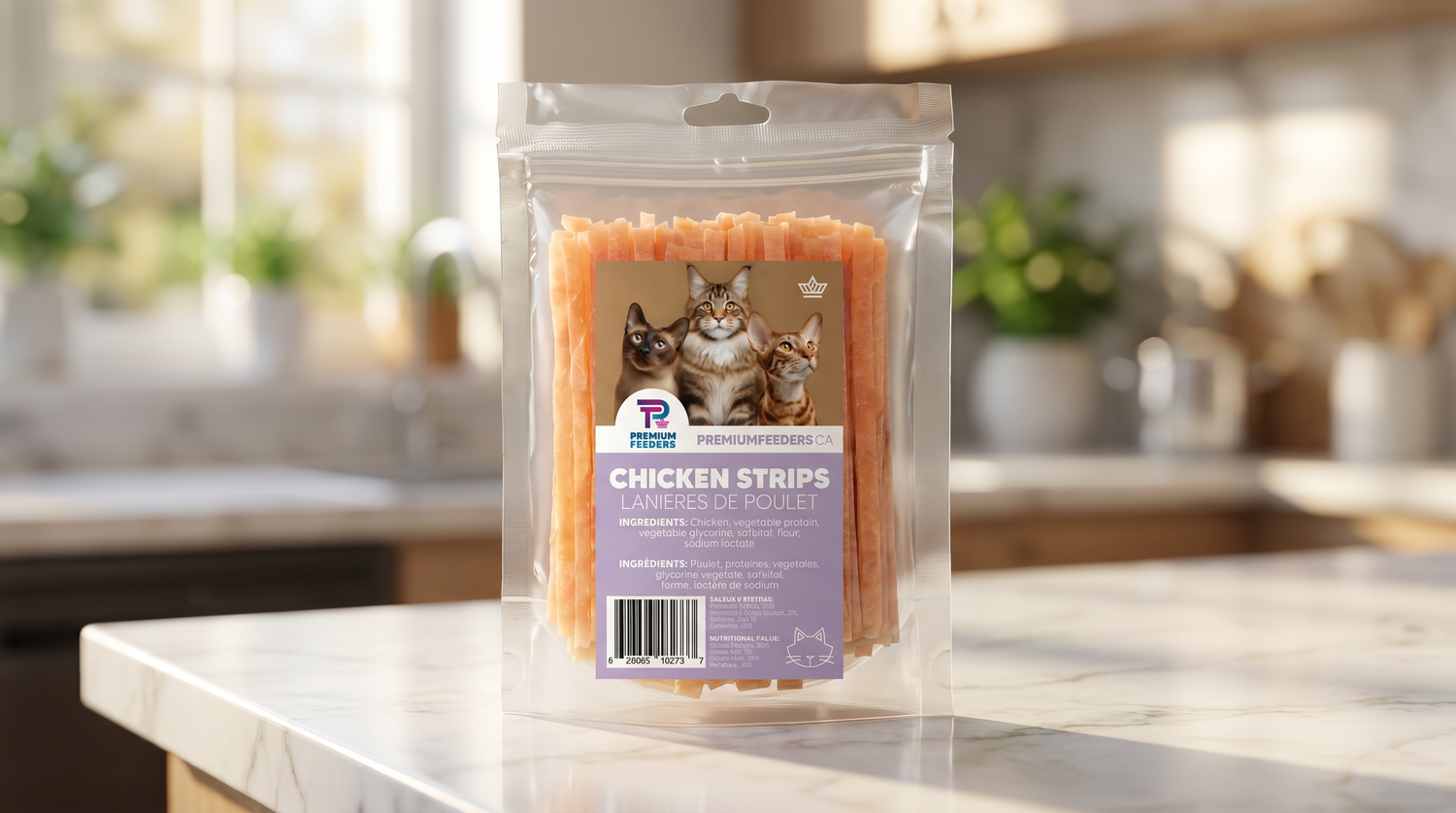Premium Feeders Chicken Strips for Cats Bag sitting on a kitchen counter