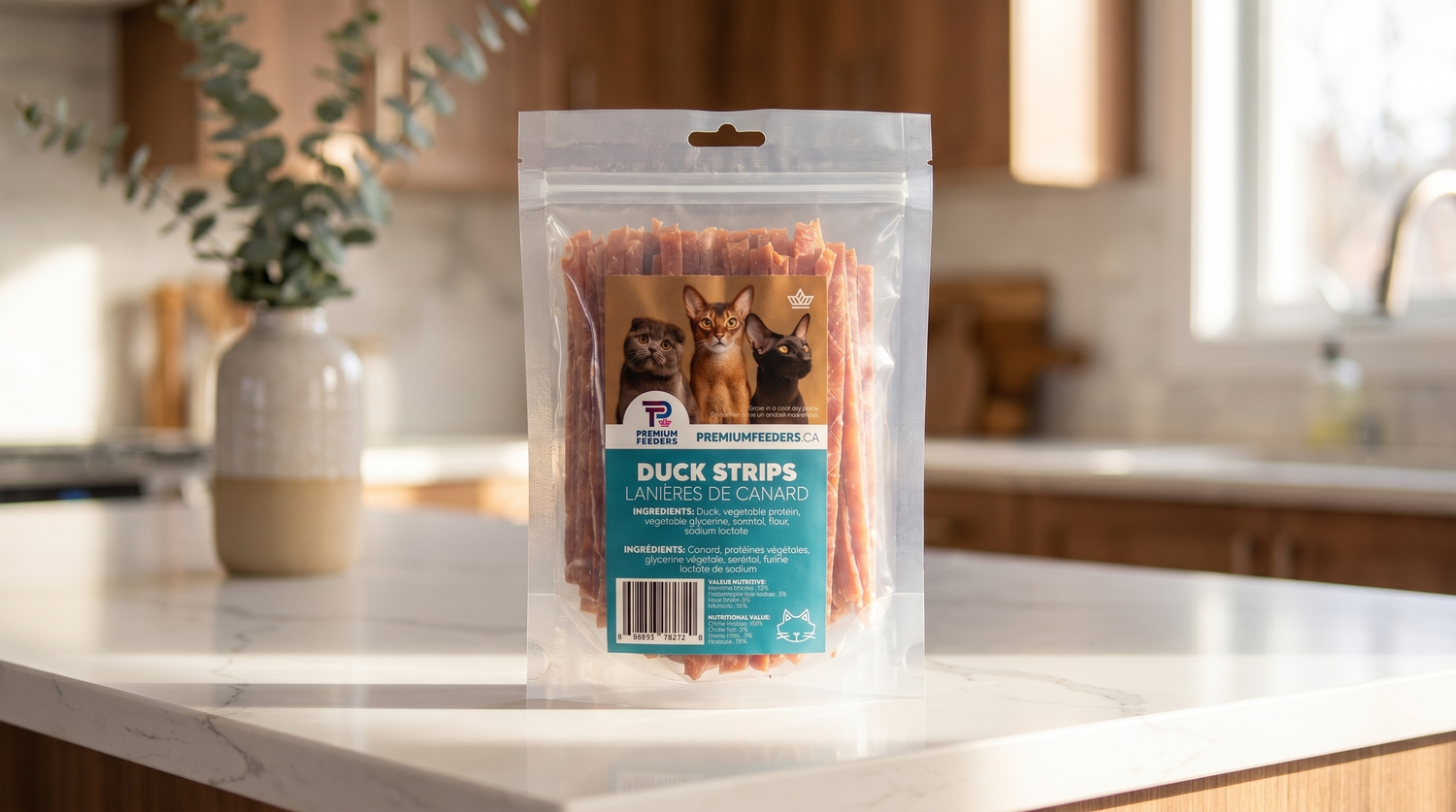 Premium Feeders Duck Strips for cats Bag sitting on a kitchen counter