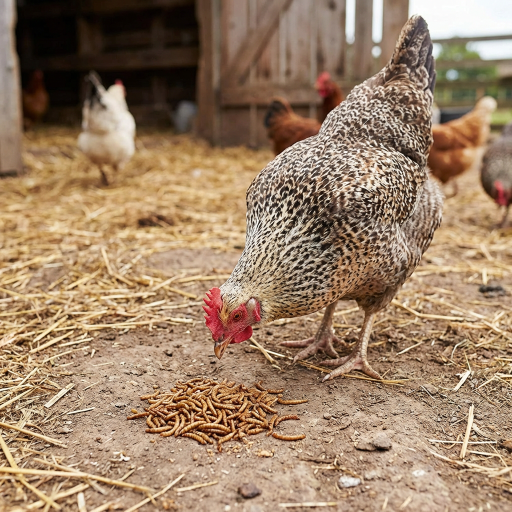 Chicken eating mealworms outdoor, foraging