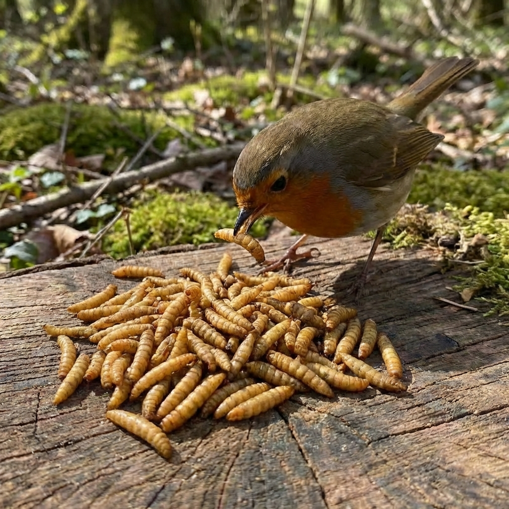 Wild bird eating black soldier fly larvae, high in calcium, birds, poultry 